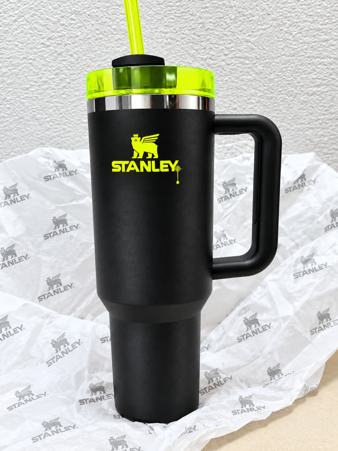 Stanley Black Travel Tumbler with Handle, Neon Green Lid & Straw