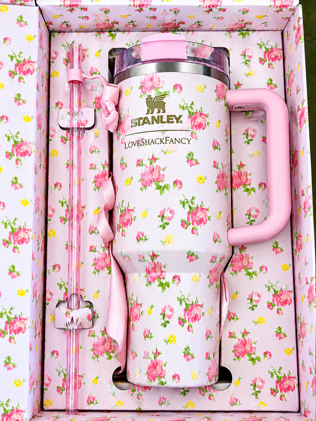 Pink Floral Tumbler with Handle, Straw & Gift Box