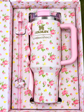 Pink Floral Tumbler with Handle, Straw & Gift Box