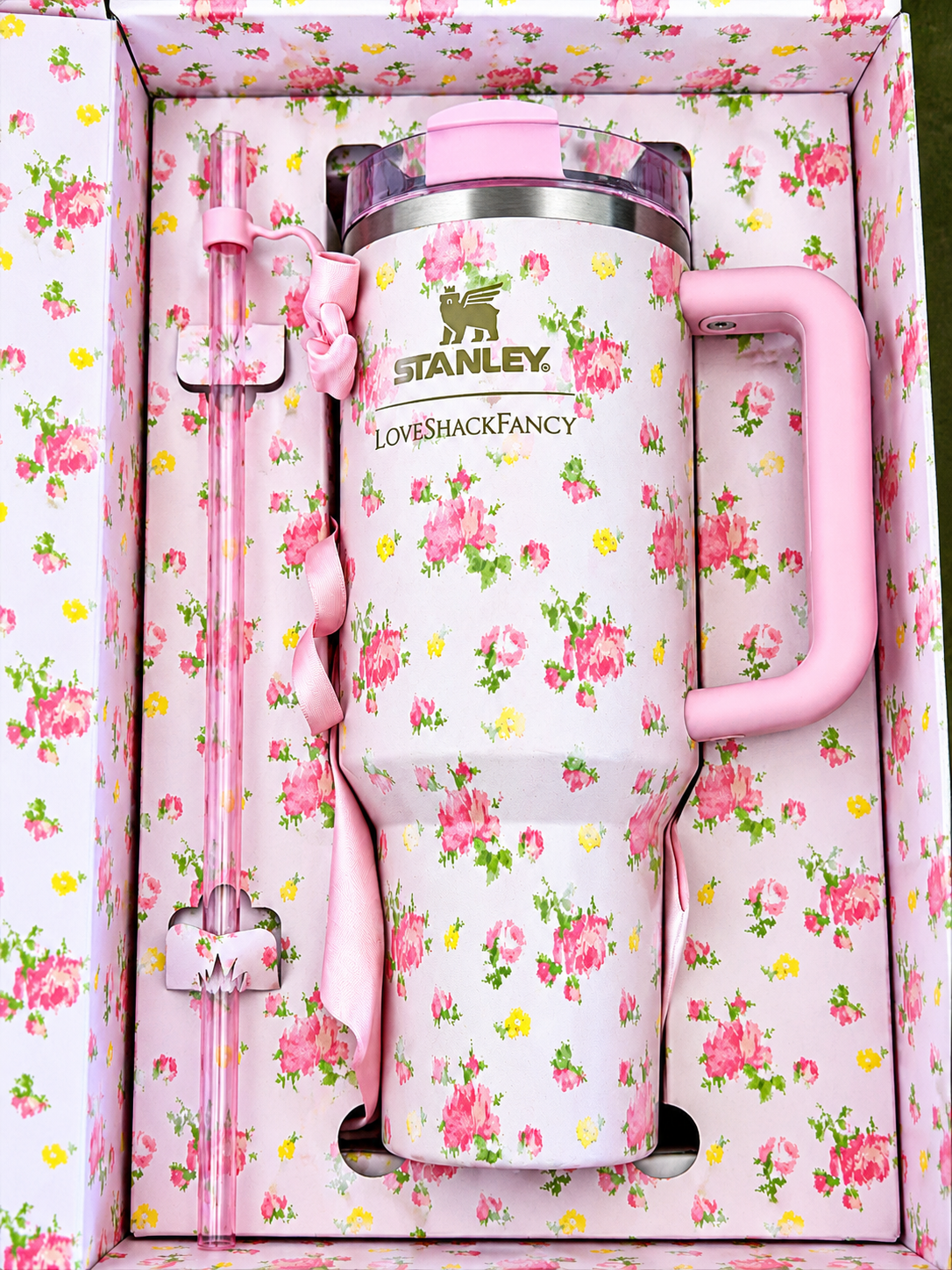 Pink Floral Tumbler with Handle, Straw & Gift Box