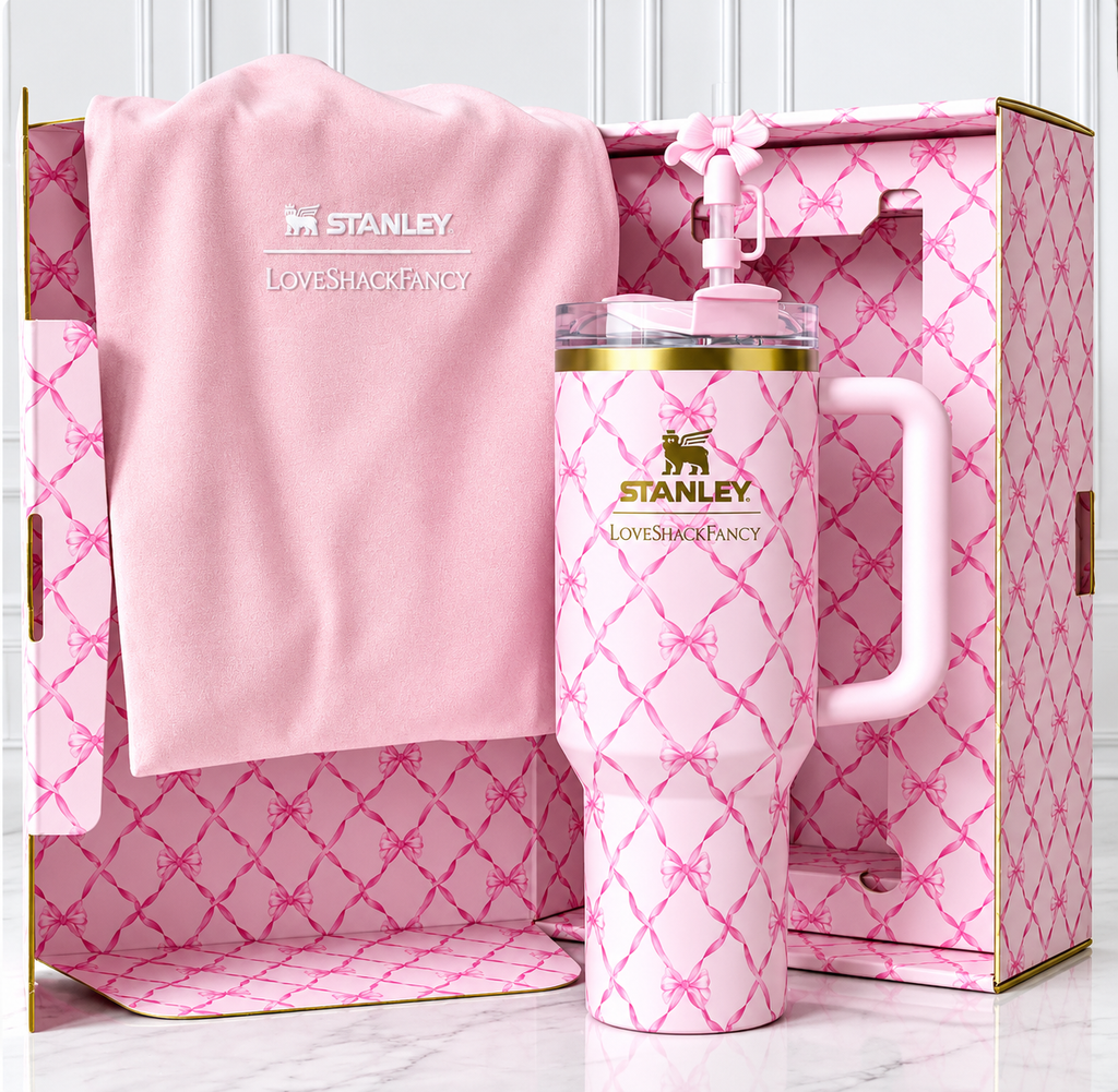 Pink Bow Print Travel Tumbler with Handle, Straw & Gift Box