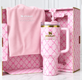 Pink Bow Print Travel Tumbler with Handle, Straw & Gift Box