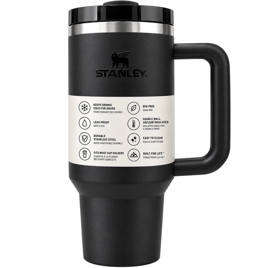 Product Title: Black Travel Tumbler with Handle, Lid & Stainless Steel Accent