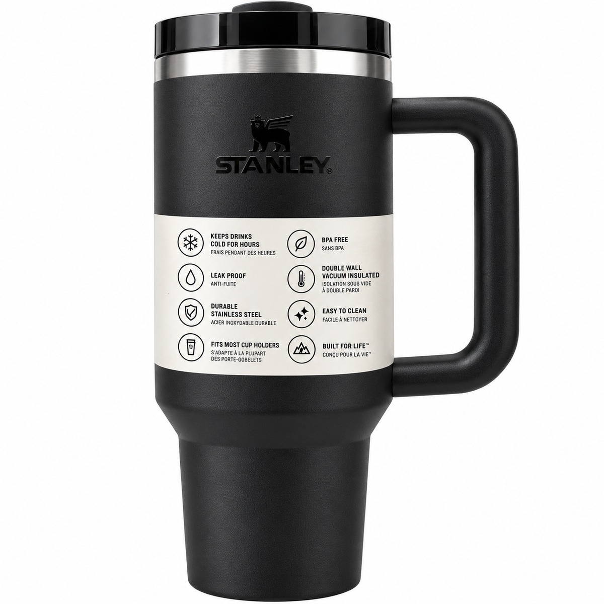 Product Title: Black Travel Tumbler with Handle, Lid & Stainless Steel Accent