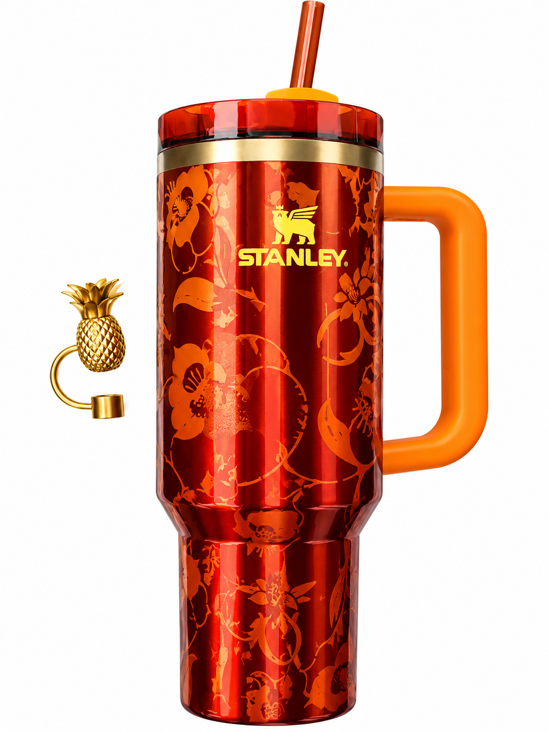 Stanley Floral Red Orange Insulated Tumbler Swith Handle, Straw & Pineapple Charm