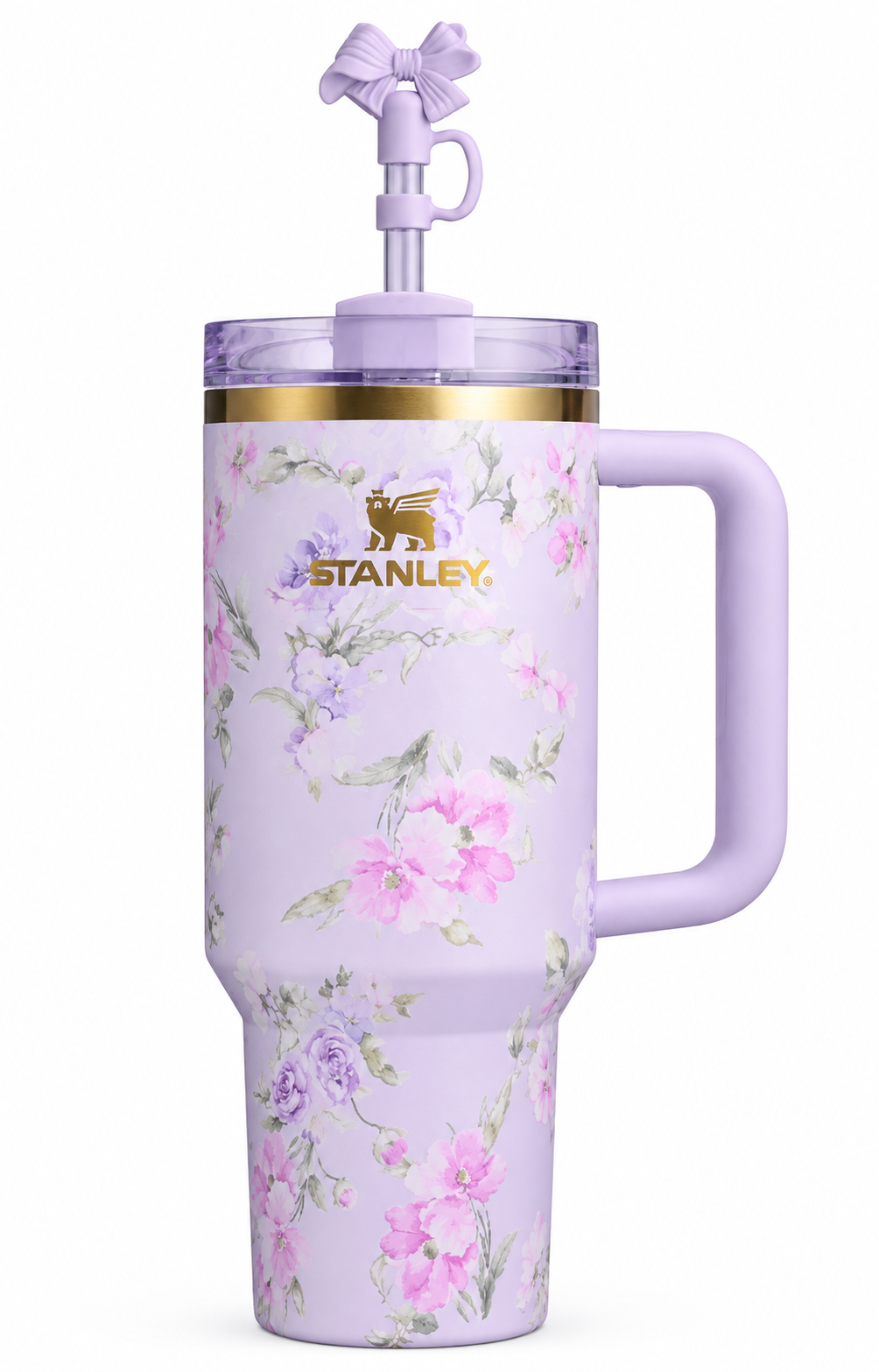 Lavender Floral Travel Tumbler with Handle, Bow Straw & Lid
