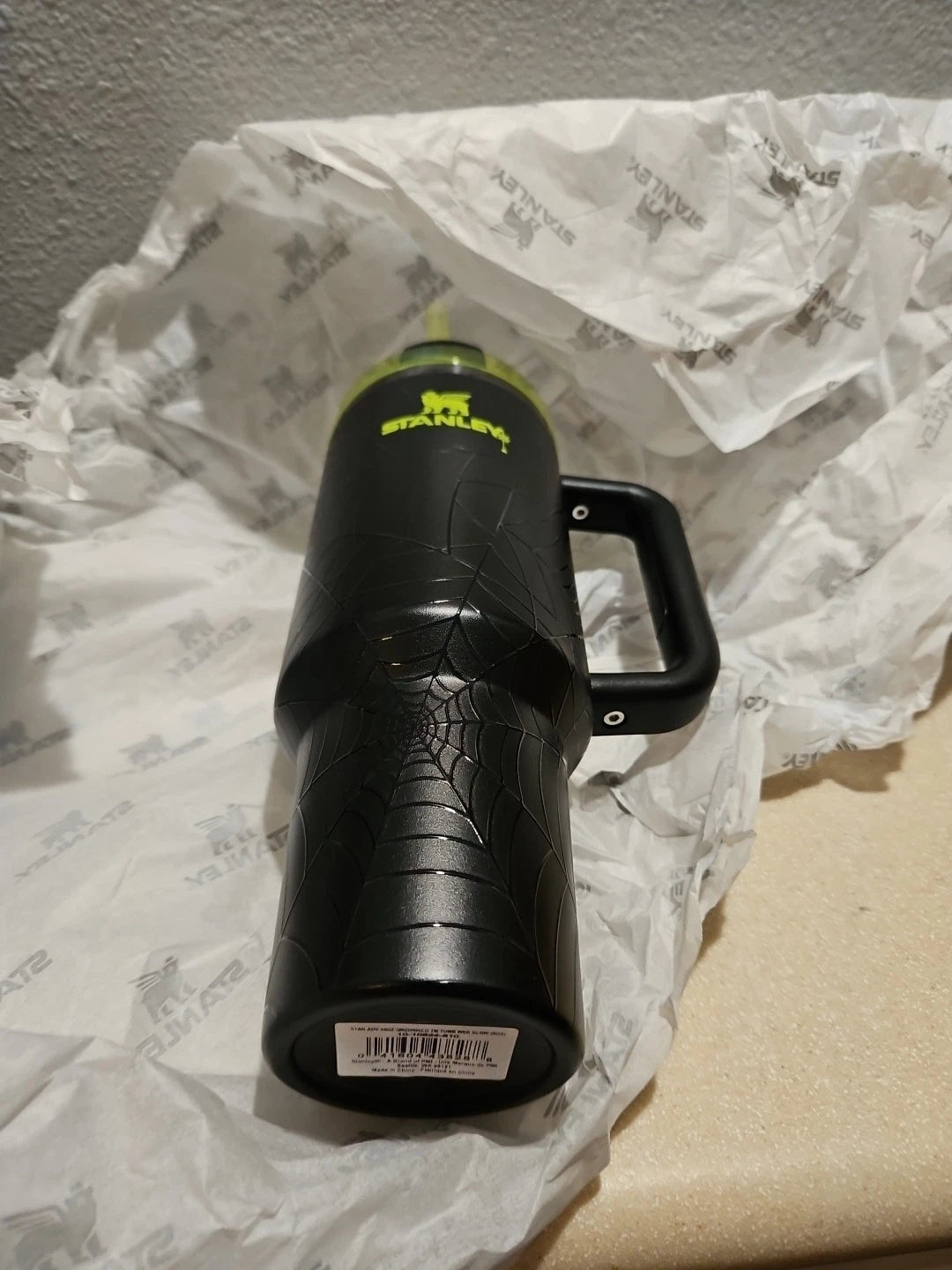 Stanley Black Travel Tumbler with Handle, Neon Green Lid & Straw