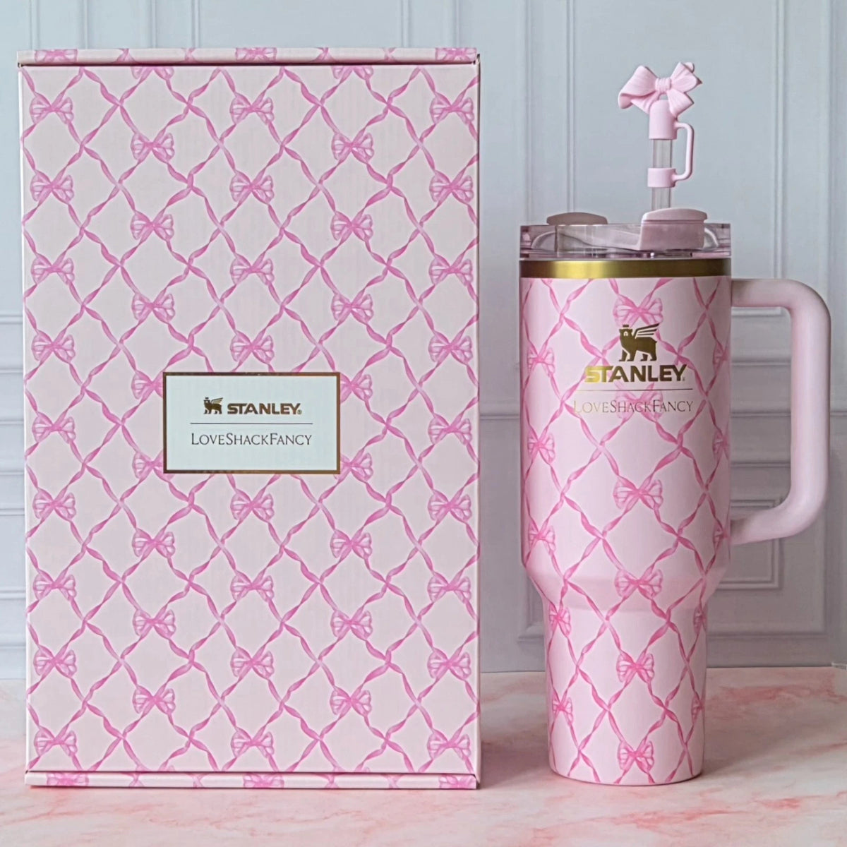 Pink Bow Print Travel Tumbler with Handle, Straw & Gift Box