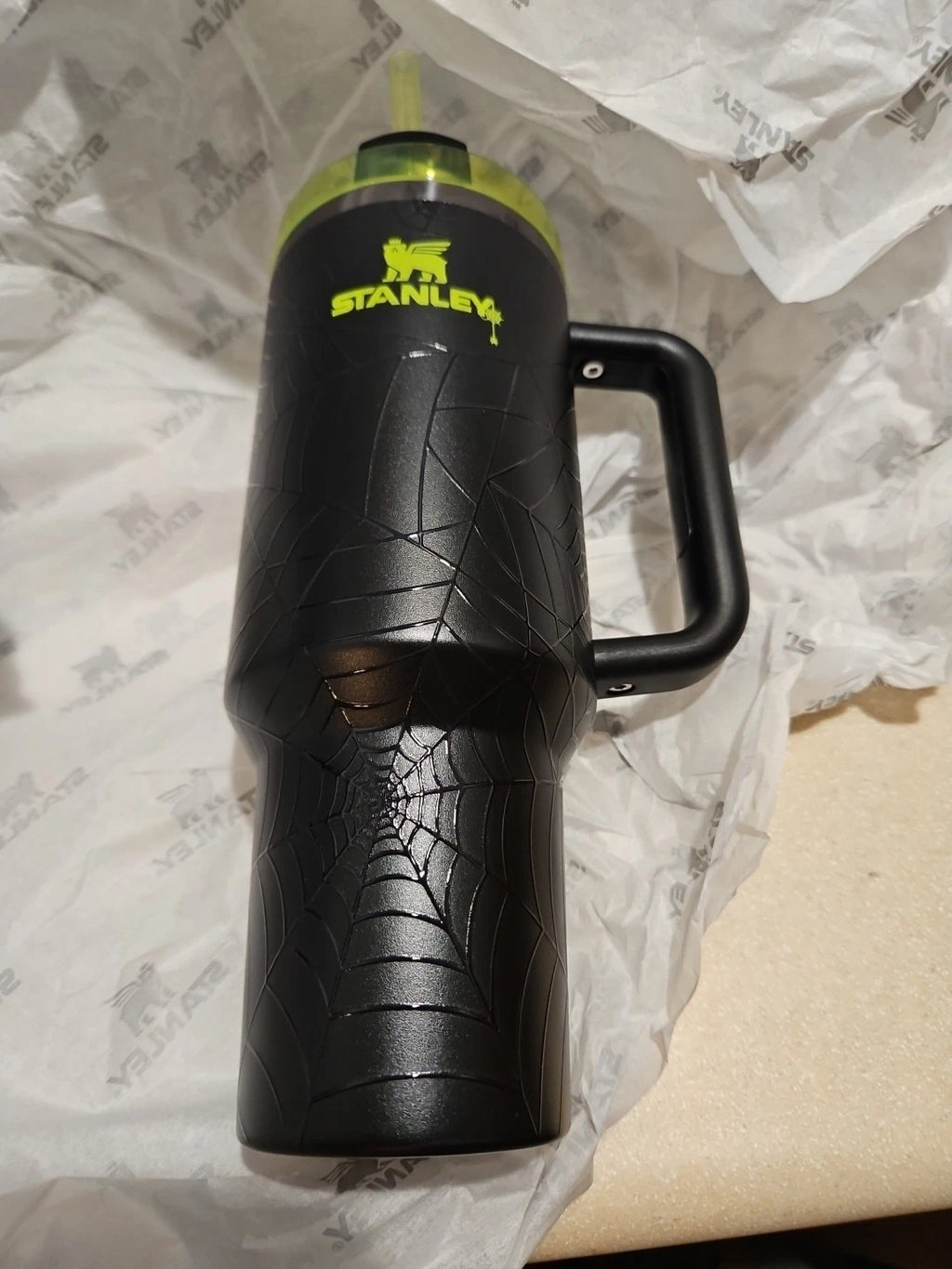 Stanley Black Travel Tumbler with Handle, Neon Green Lid & Straw