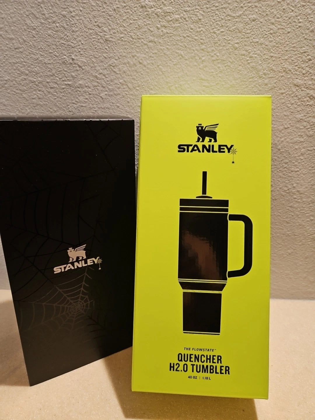 Stanley Black Travel Tumbler with Handle, Neon Green Lid & Straw