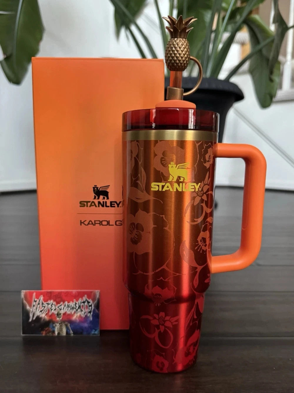 Stanley Floral Red Orange Insulated Tumbler Swith Handle, Straw & Pineapple Charm