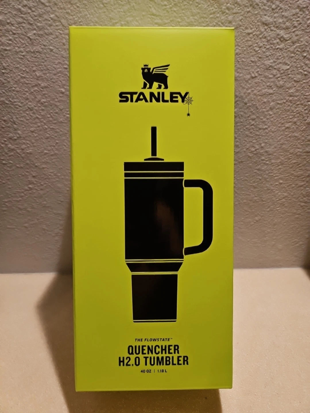 Stanley Black Travel Tumbler with Handle, Neon Green Lid & Straw