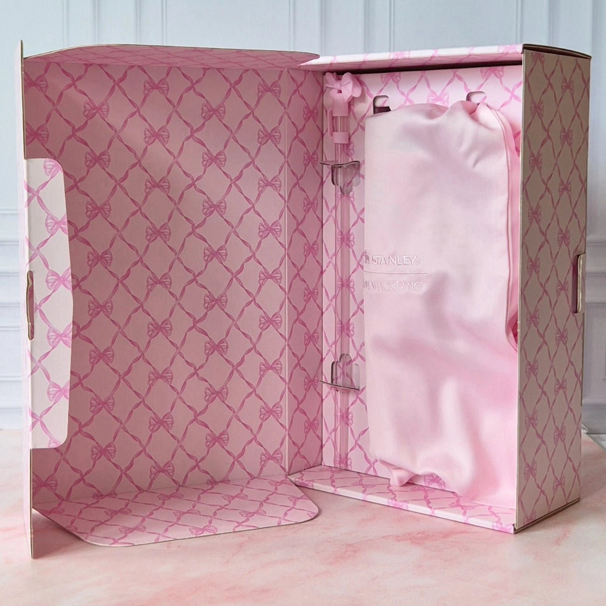 Pink Bow Print Travel Tumbler with Handle, Straw & Gift Box