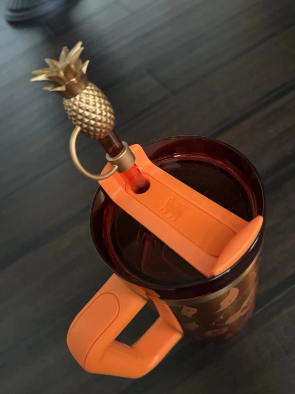 Stanley Floral Red Orange Insulated Tumbler Swith Handle, Straw & Pineapple Charm